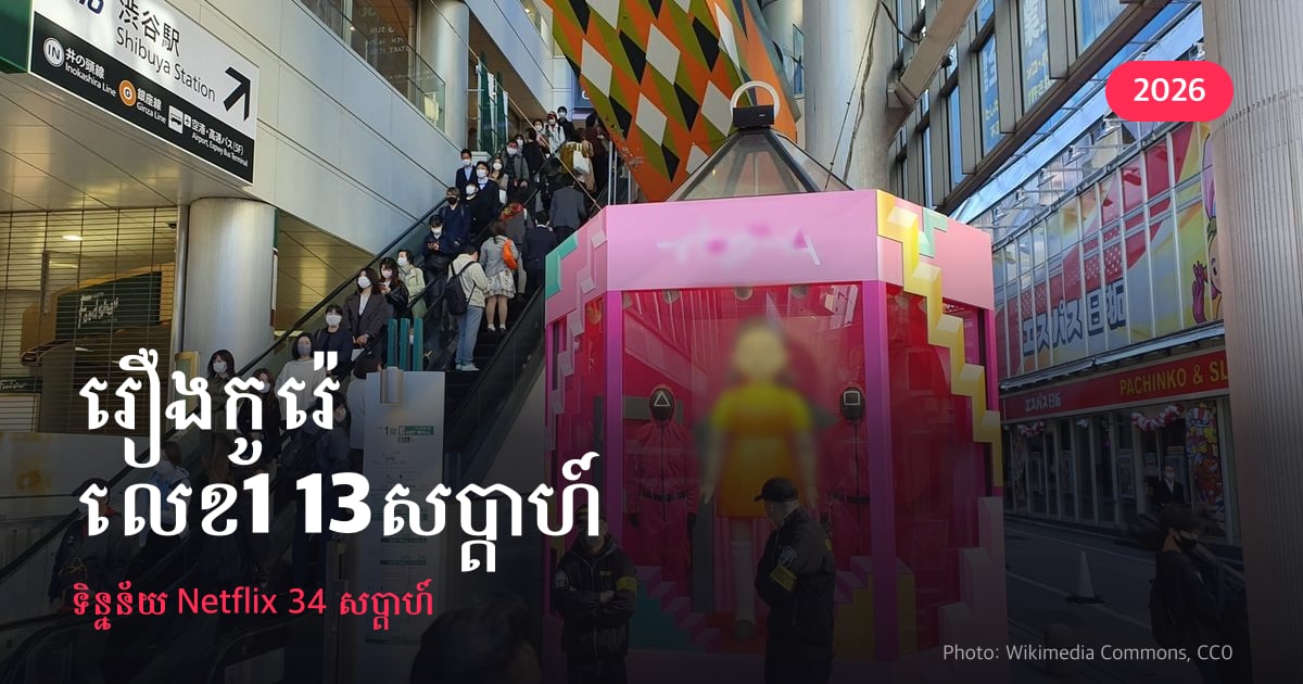 រូបភាពគំរូ៖ ពាក្យ «រឿងកូរ៉េបានយក 13 សប្តាហ៍លេខ 1» នៅលើរូបថតសាលបង្ហាញផ្សព្វផ្សាយ Squid Game នៅ Shibuya ទីក្រុងតូក្យូ ជាមួយ «ទិន្នន័យ Top 10 ផ្លូវការរបស់ Netflix» នៅខាងក្រោម
