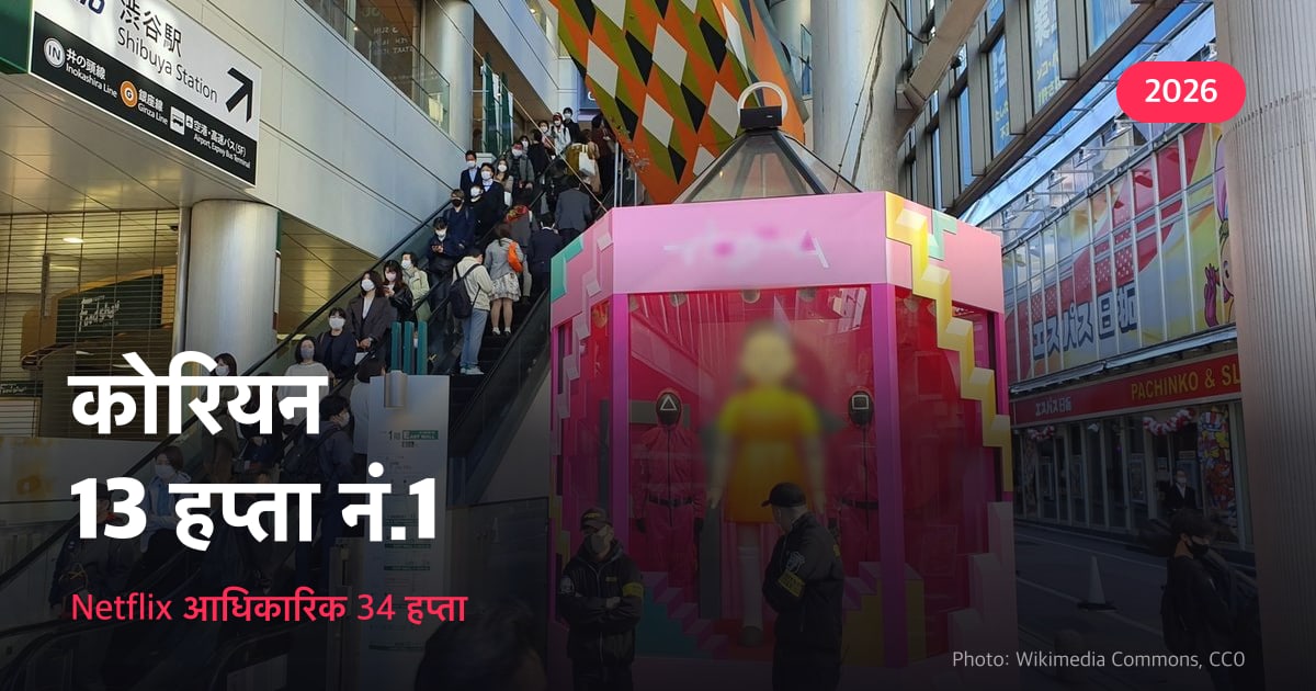 थम्बनेल — टोक्योको शिबुयामा रहेको स्क्विड गेम प्रचार बुथको तस्बिरमाथि “नेटफ्लिक्स नं. 1 — 13 हप्ता कोरियन कथा”, त्यसमुनि “2026 का 34 हप्तामध्ये · आधिकारिक डेटा”