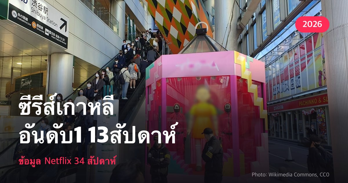 ภาพหน้าปก — ภาพบูธโปรโมตซีรีส์ Squid Game ที่ชิบูยะ โตเกียว พร้อมข้อความ "ผลงานเกาหลีครองอันดับ 1 ของเน็ตฟลิกซ์ 13 สัปดาห์" และด้านล่าง "จาก 34 สัปดาห์ของปี 2026 · ข้อมูลอย่างเป็นทางการ"