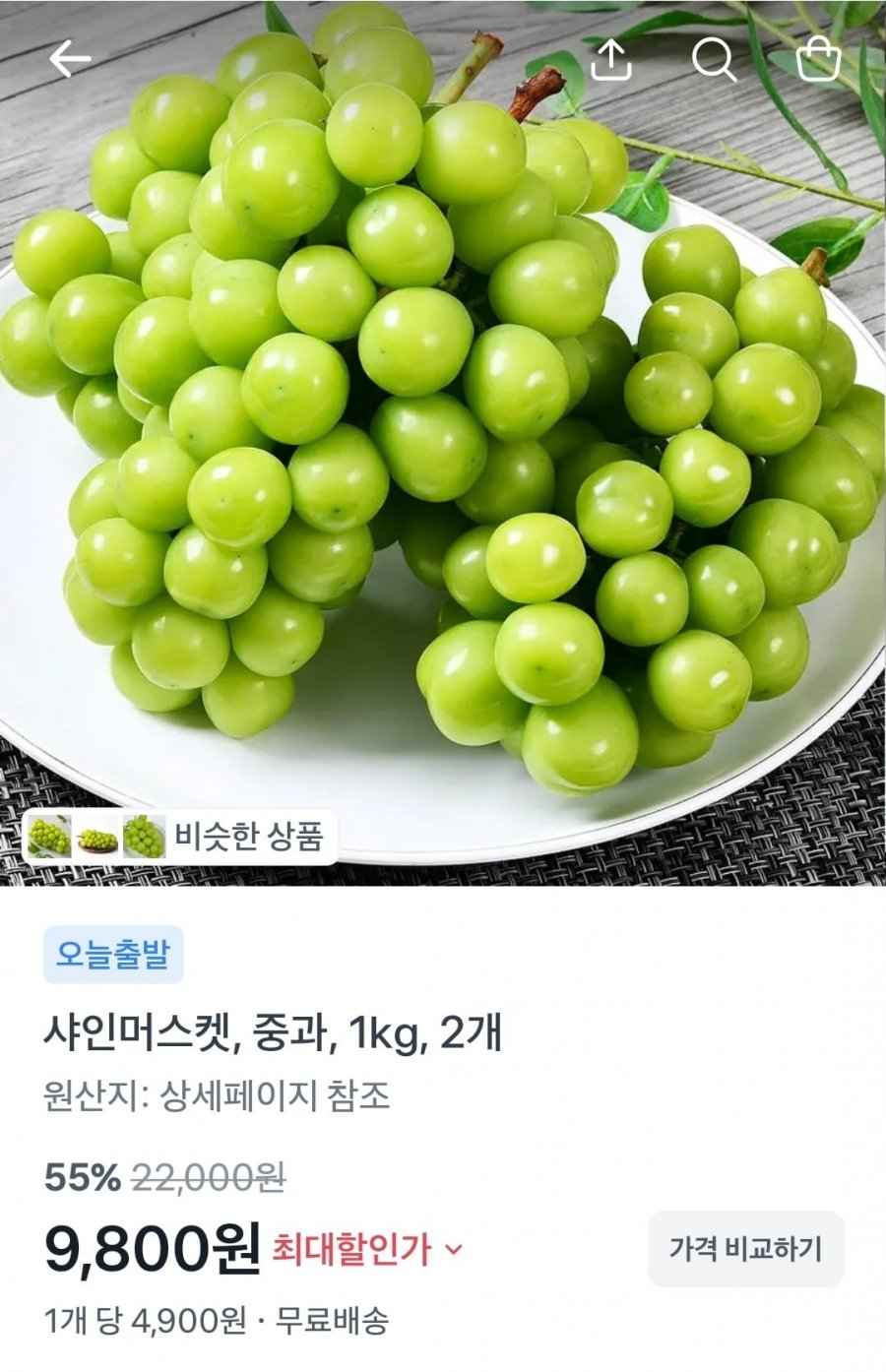 샤인머스켓 중과 1kg 2개 (9,800원 /무료)