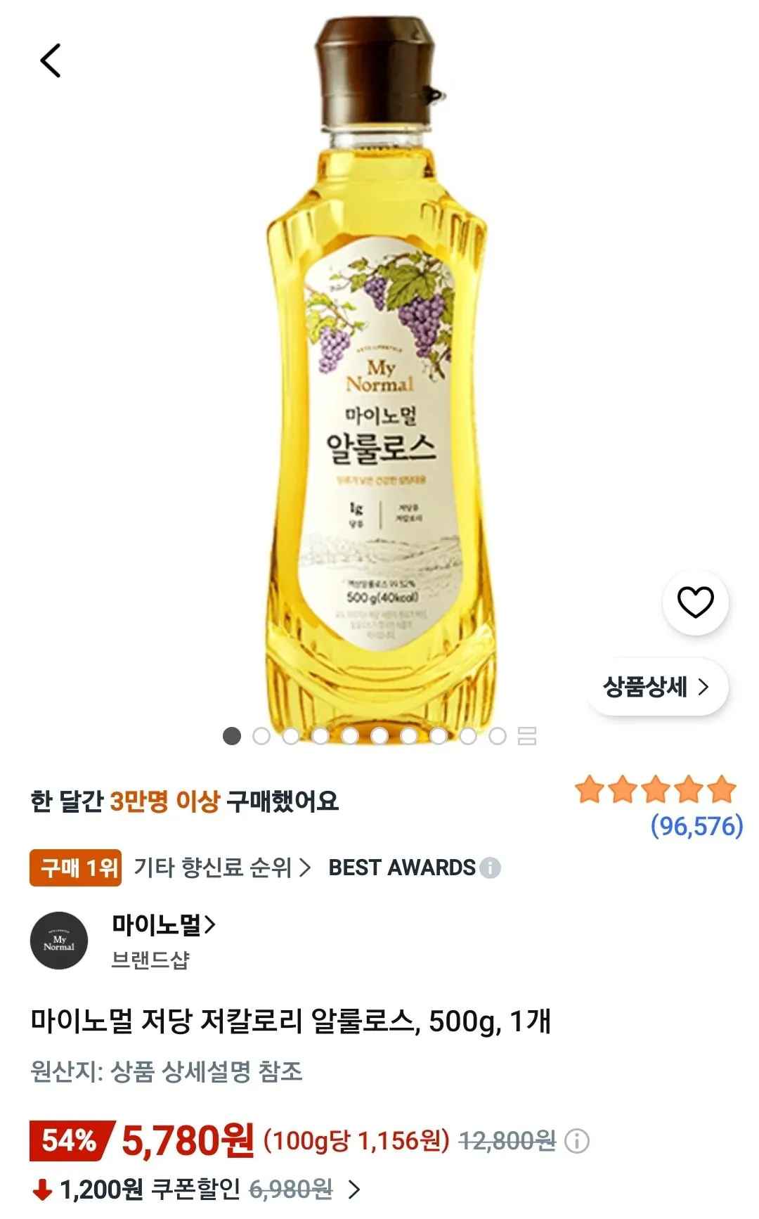[쿠팡와우] 마이노멀 저당 저칼로리 알룰로스, 500g, 1개 (5,780원) (무료)