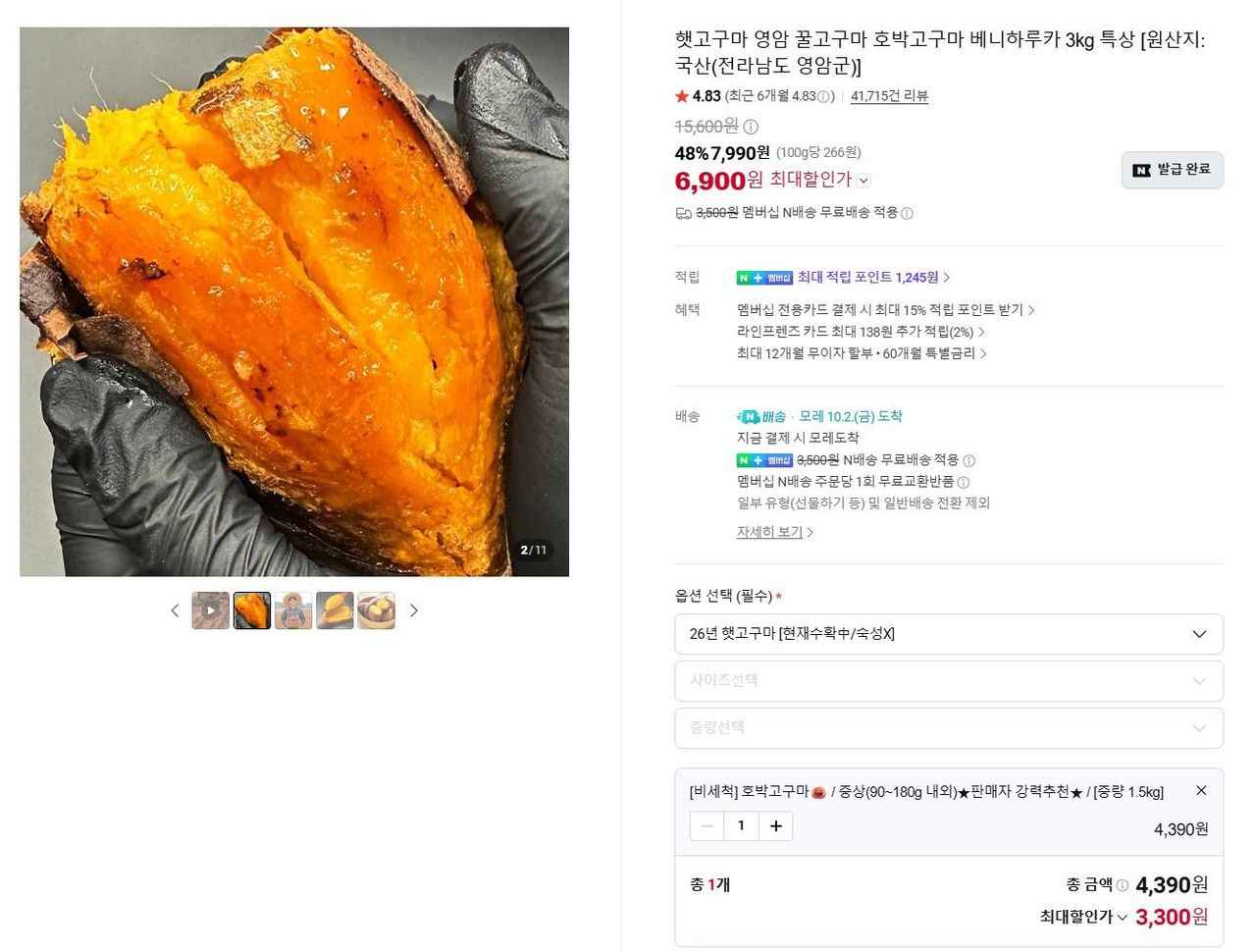 영암 햇 호박고구마 중상/특상 1.5kg (3,300원/무료)