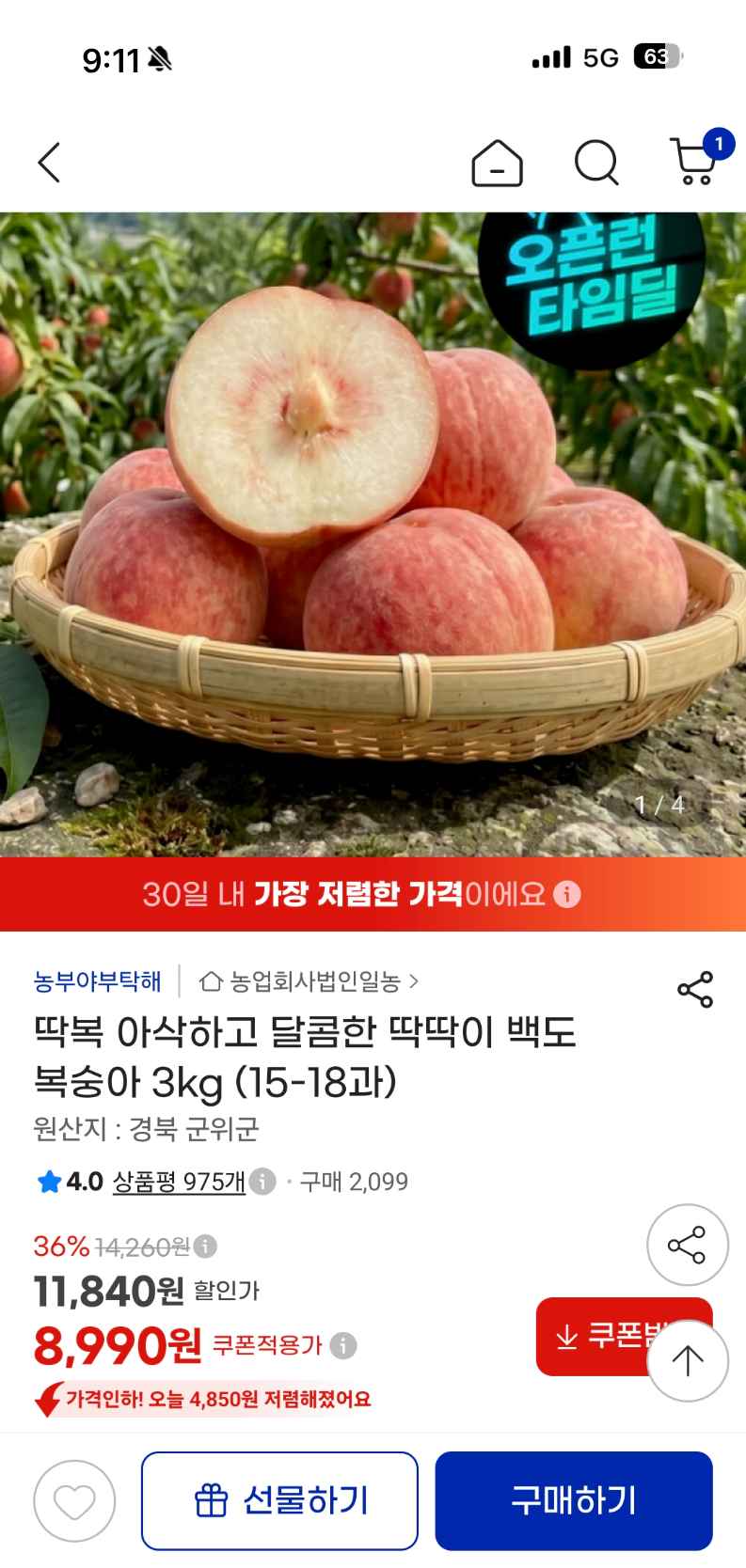 지마켓) 딱딱이 백도 복숭아 3kg (15-18과)