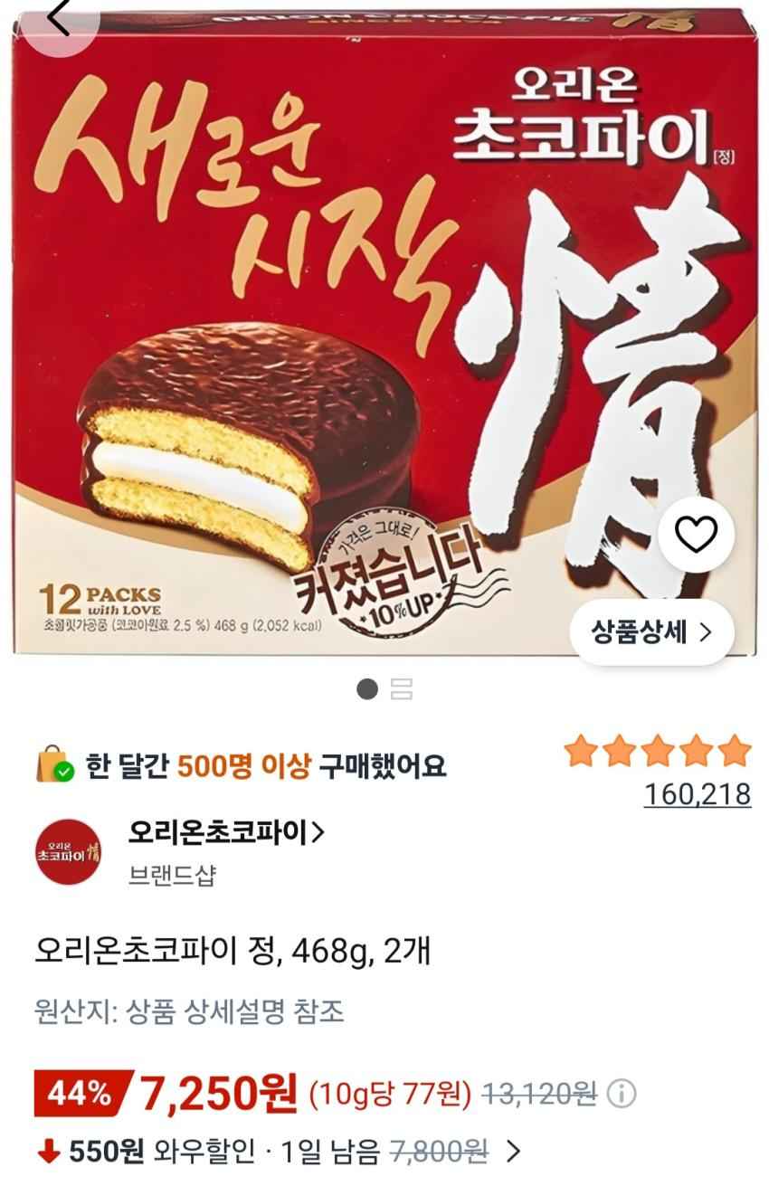 오리온초코파이 정, 468g, 2개 7,250원