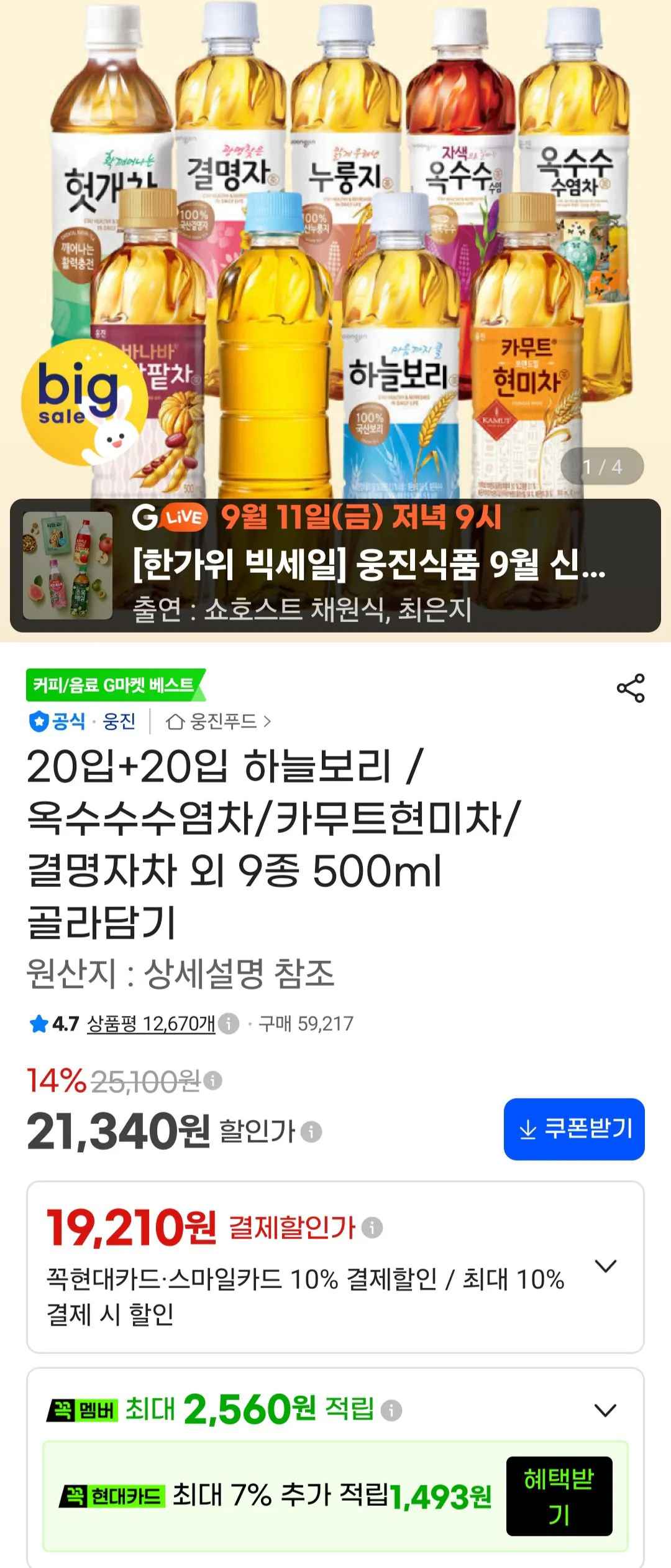[지마켓] 하늘보리 외 9종 500ml 40입 (19,210원) (무료)