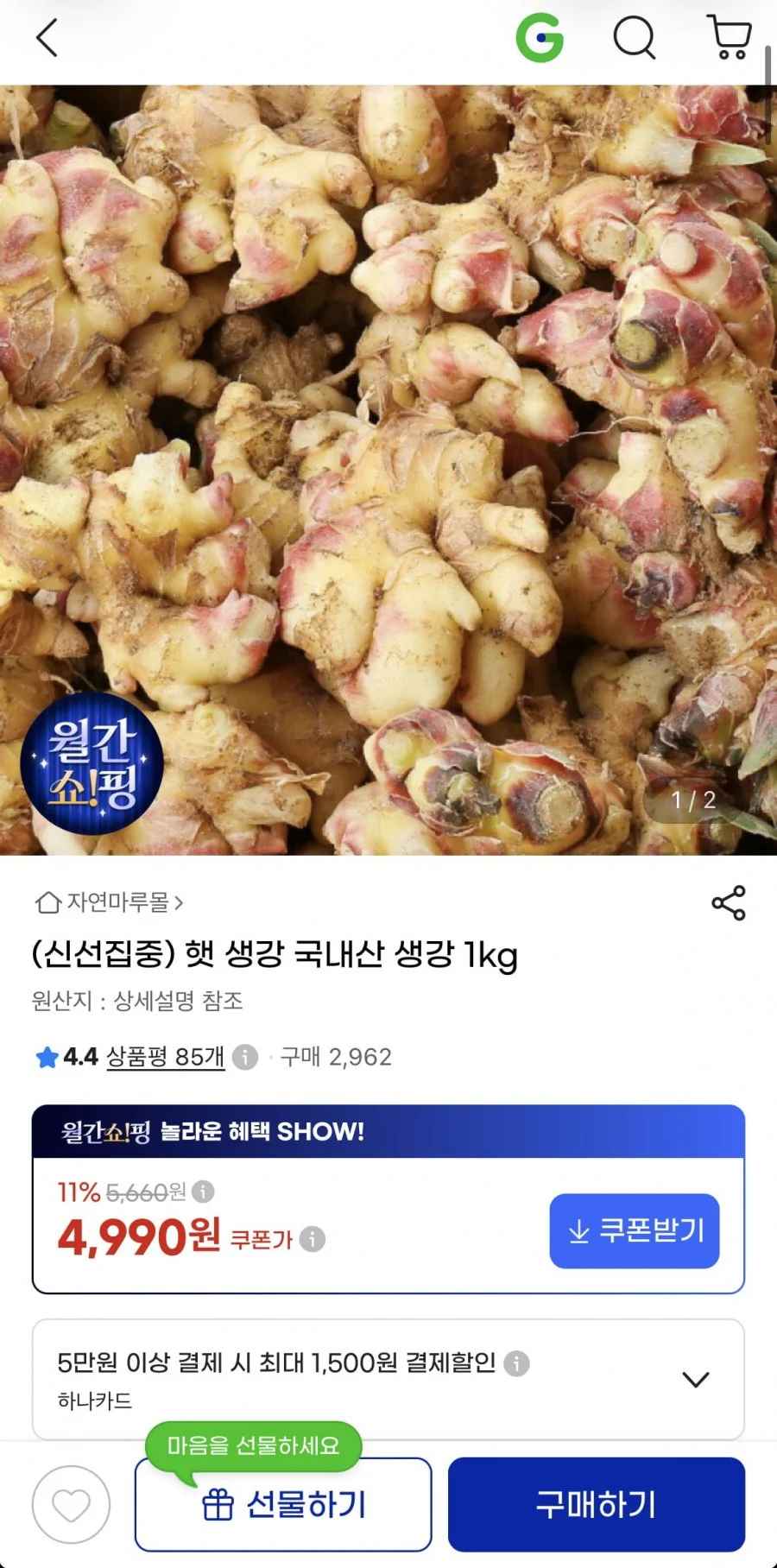 국내산 햇 생강 1kg (4,990원/3,000원)