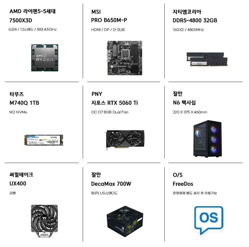 조립PC 완본체 7500X3D / RTX 5060 Ti 8GB / DDR5 32GB / SSD 1TB