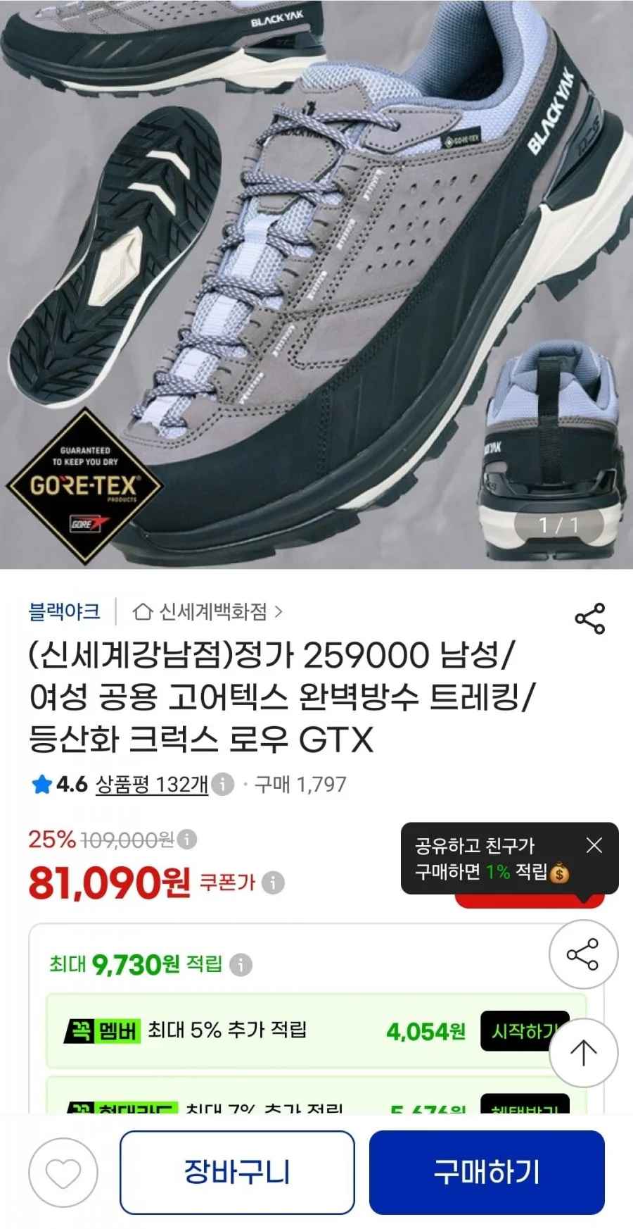 블랙야크 공용 고어텍스 트레킹 등산화 크럭스 로우 GTX (81,090원/무료)