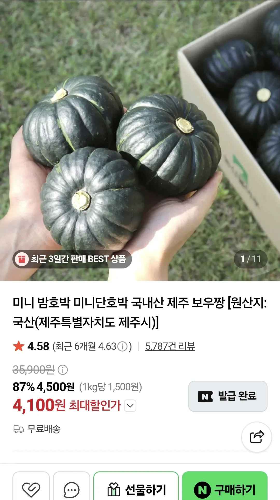 [네이버] 국내산 제주 미니 밤호박 5KG (9,100원) (무배)