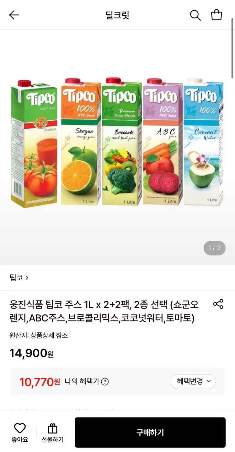 [롯데온] 웅진식품 팁코 주스 1L x 4팩 (10,770원) (무료)