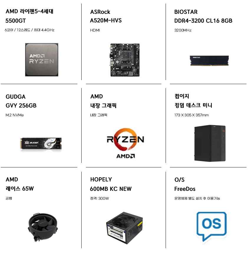 사무용 완본체 5500GT / DDR4 8GB / Gen3 256GB / 300W