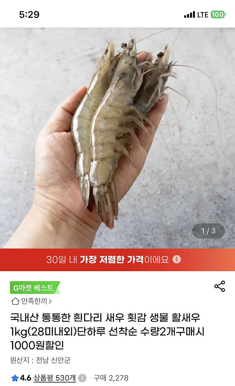 지마켓) 생물 활새우 1kg (28미내외) 19,850원 무배