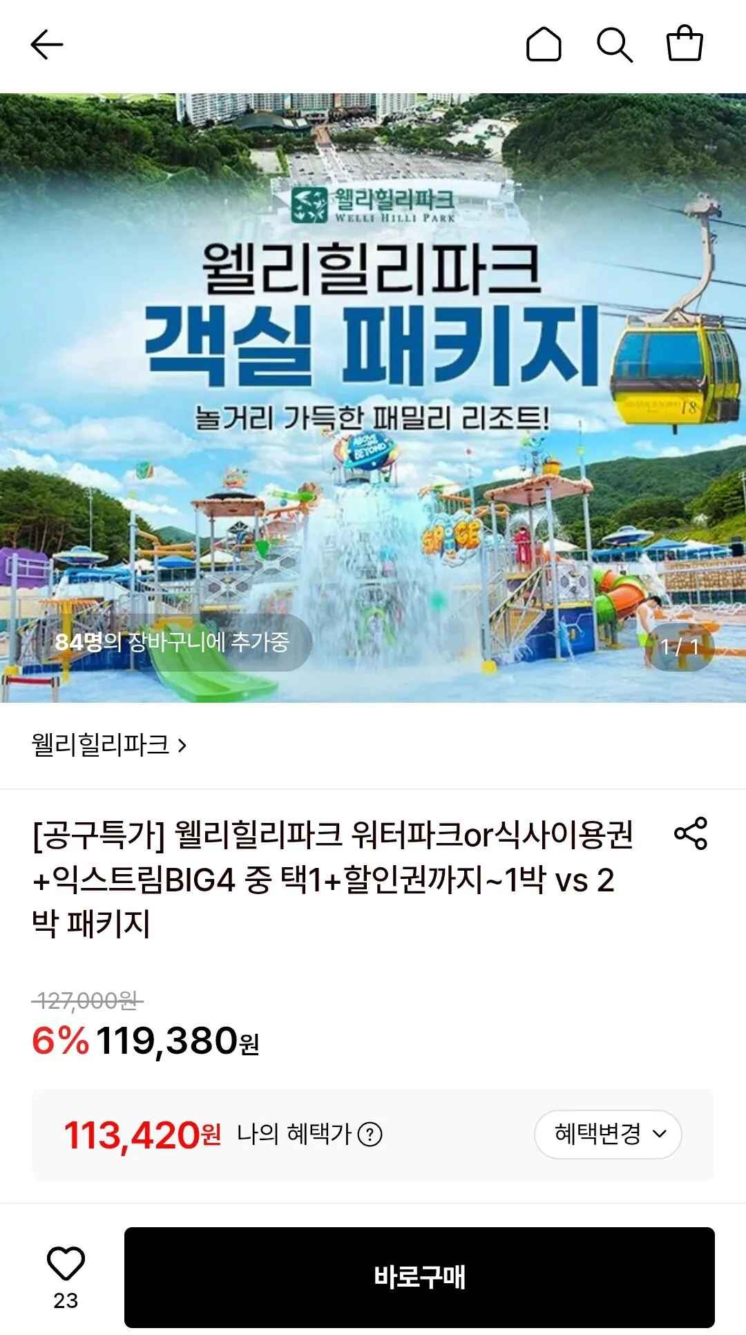 [롯데온] 웰리힐리파크 2인 1박 패키지 (워터파크or자연차림+액티비티) (113,420원) (무료)