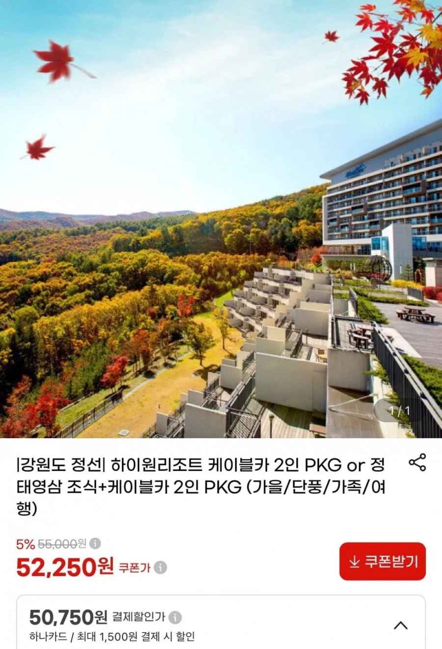 강원도 정선 하이원리조트 2인객실+운탄고도 케이블카+액티비티할인 (52,250원/무료)