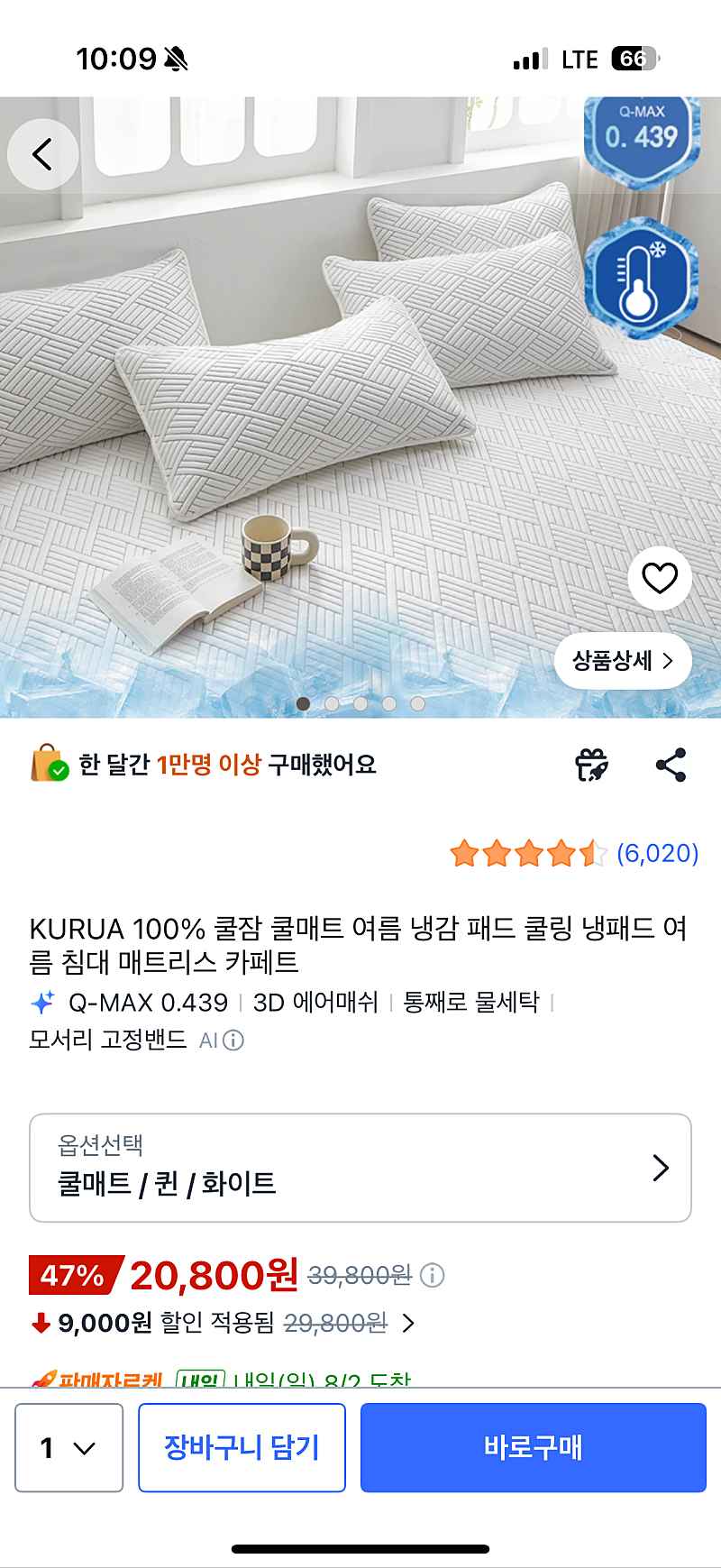 쿠팡) 쿨 침대패드 퀸사이즈 20,800 / 싱글 13,000원