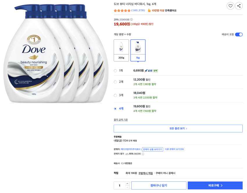 도브 뷰티 너리싱 바디워시, 1kg, 4개