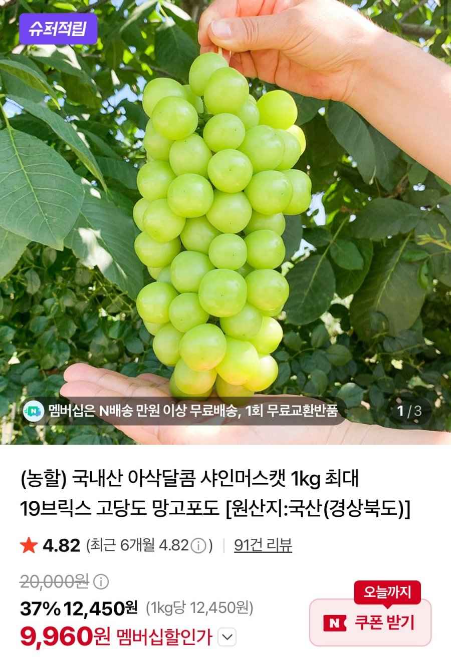 샤인머스캣 2kg 3~4수 (9,960원/무배)