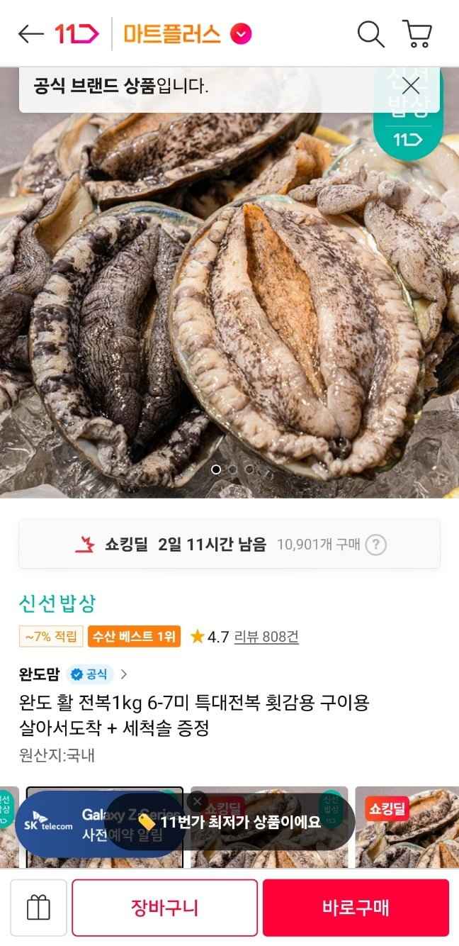 완도 활 전복1kg 6-7미 (20,280원/무료)