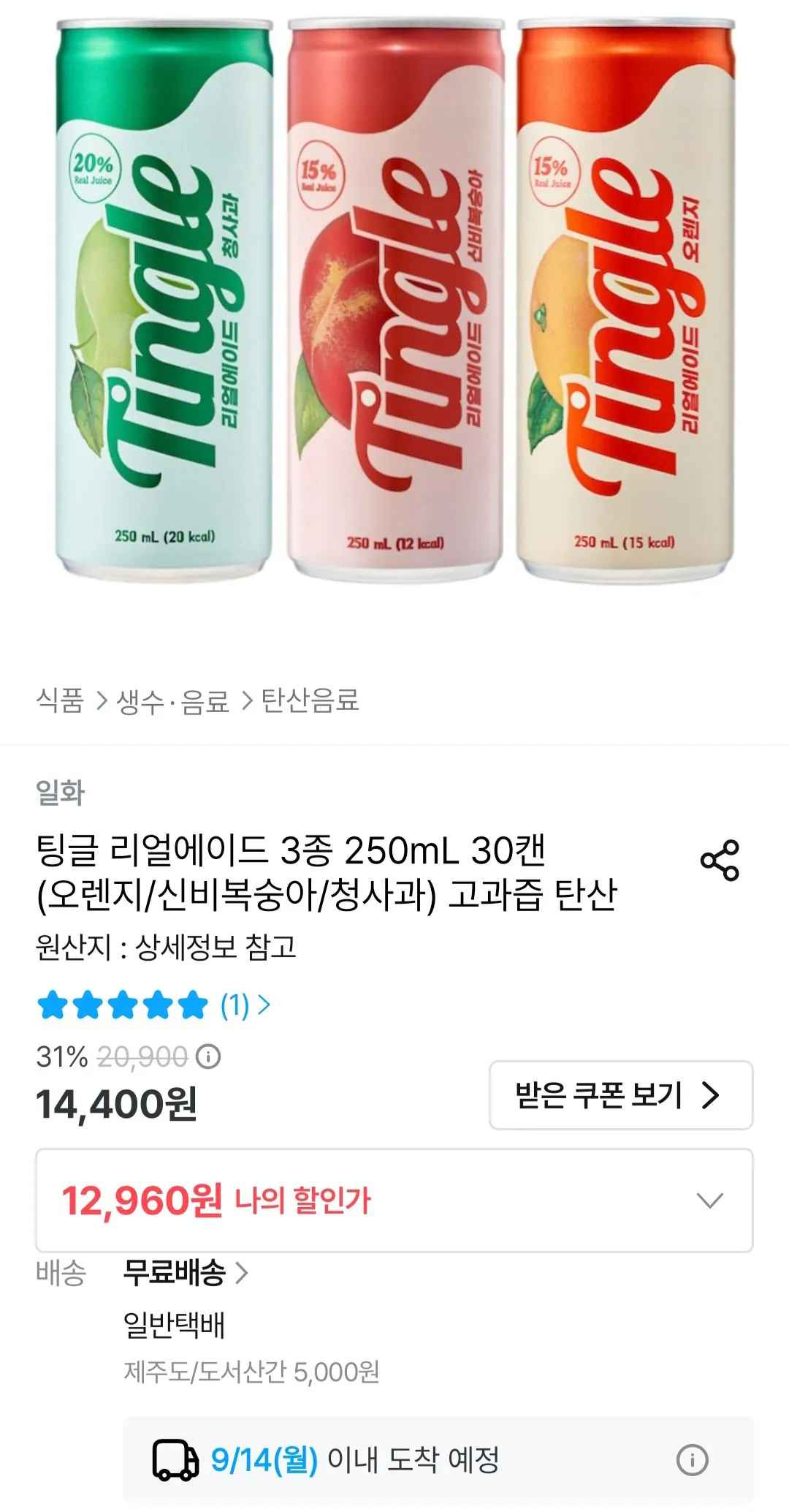 팅글 리얼에이드 3종 250ml 30캔