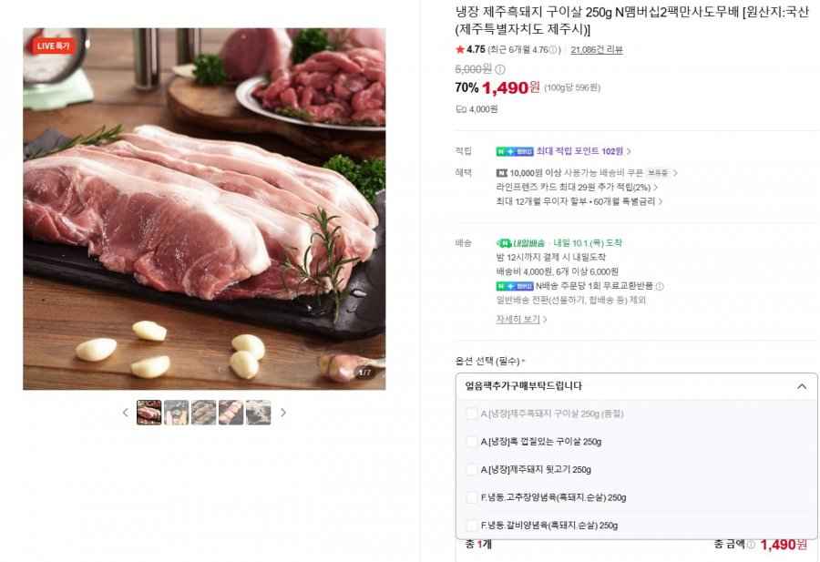 냉장 제주흑돼지 구이살 250g N맴버십 2팩만 사도 무료배송