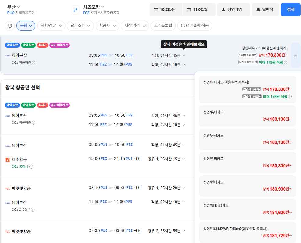 부산-시즈오카 왕복 항공권 2026년 10월 28일~11월 2일 삼성·롯데카드