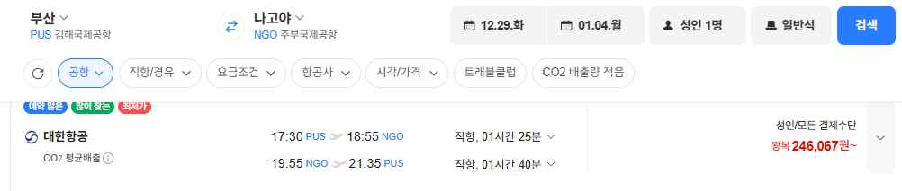 [네이버항공권] 부산-나고야 1229-0104 대한항공 (246,067원) (무료)