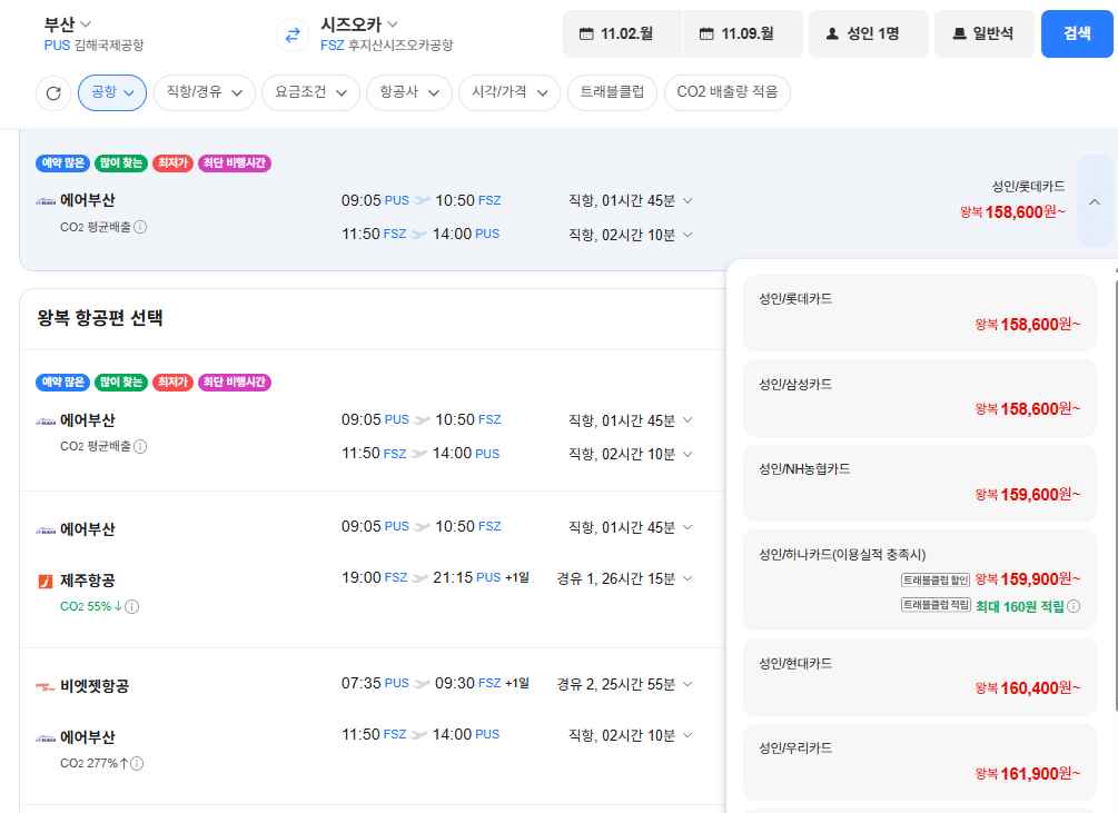 [네이버항공권] 부산-시즈오카 1102-1109 롯데삼성 (158,600원) (무료)