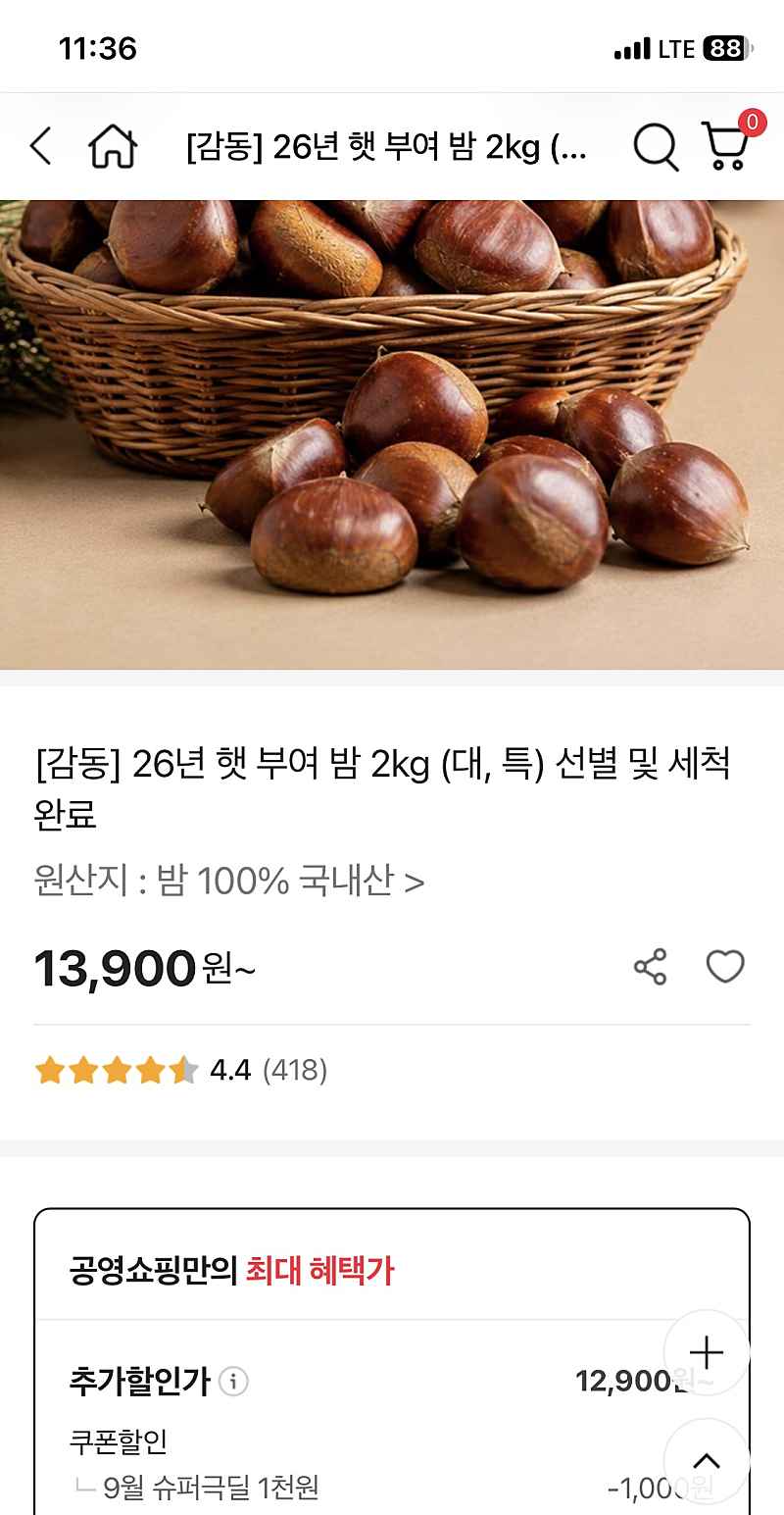 공영쇼핑) 26년 햇 부여 밤 대 사이즈 2kg 12900원 무배