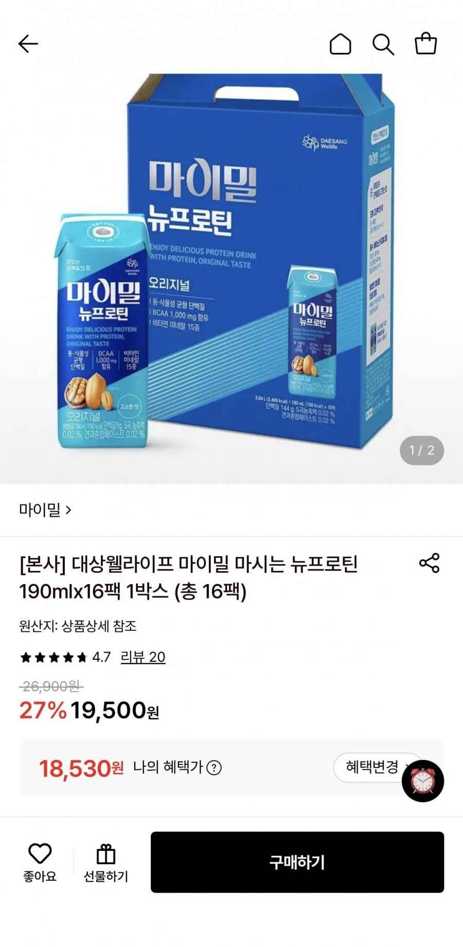 마이밀 마시는 뉴프로틴 190mlx16팩 (18,530원/무료)