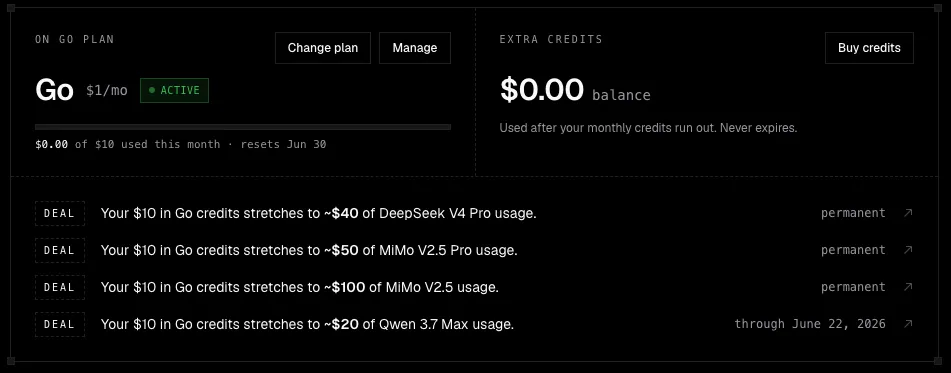 결제 후 대시보드 Billing 화면 — Go 플랜 ACTIVE와 $10 크레딧