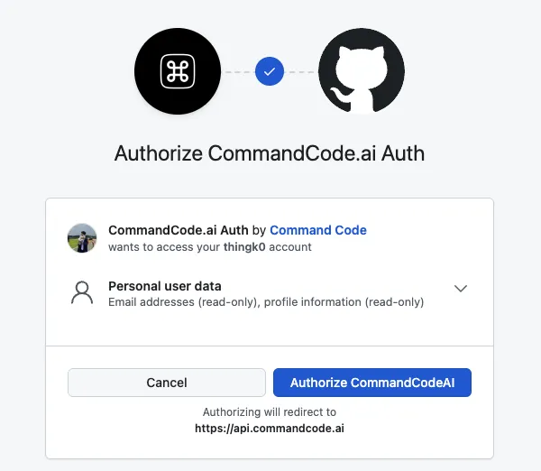 Command Code GitHub OAuth 인증(회원가입) 화면