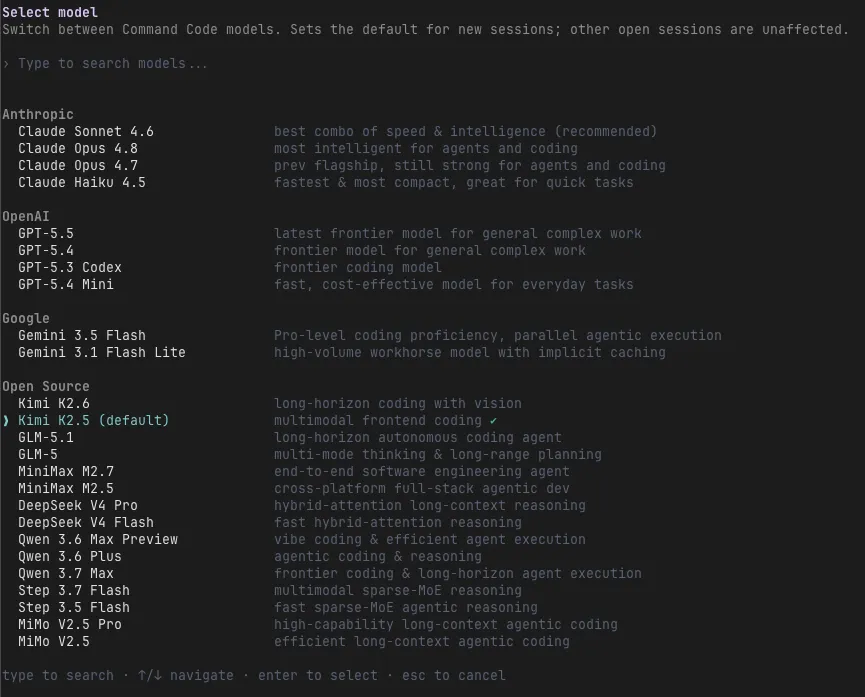Command Code /model 모델 선택 화면 — 제공 모델 목록