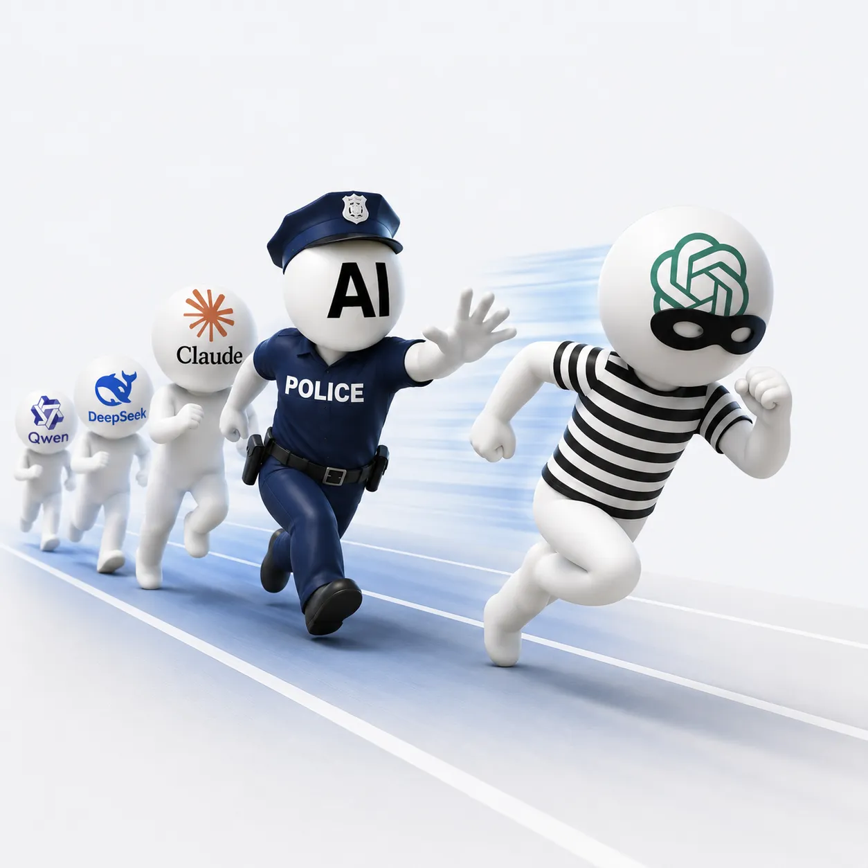 AI 모델 로고들이 달리기로 선두를 추격하는 3D 밈