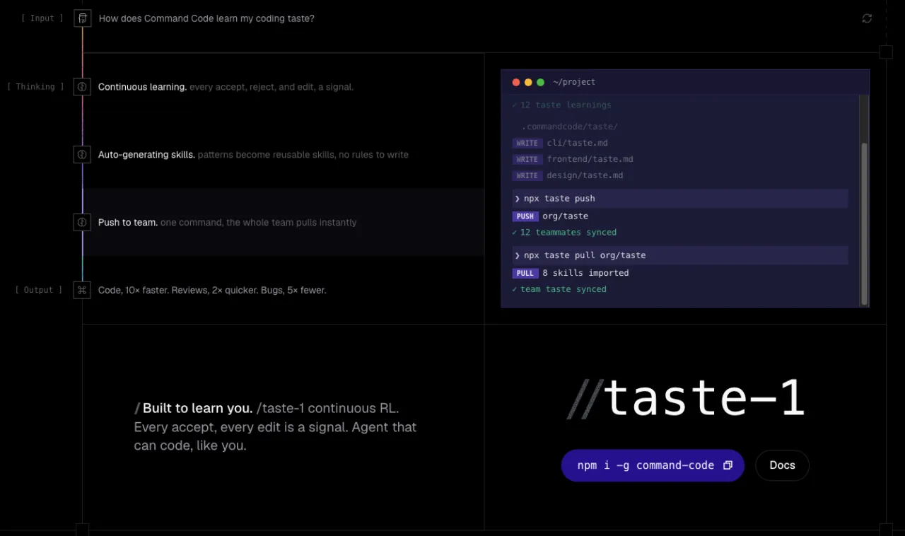 Command Code 공식 사이트의 taste-1 학습 흐름 설명 화면