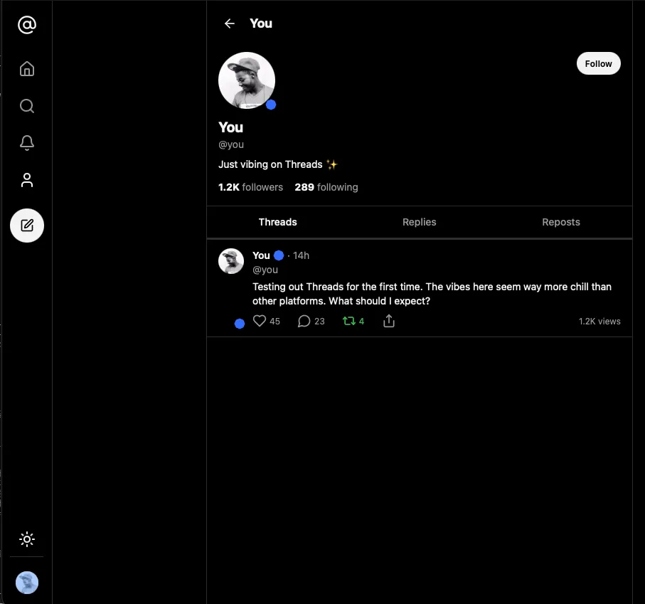 Threads 클론 — 다크모드 토글이 동작하지 않는 화면