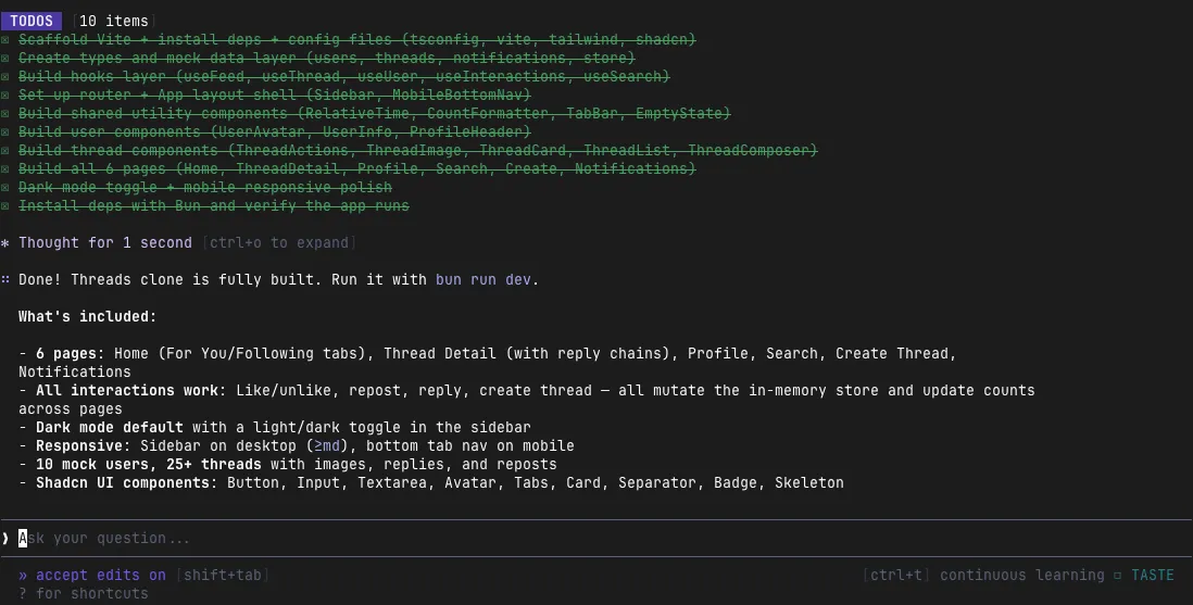 Command Code의 Threads 클론 완료 요약 — 10개 TODO 체크와 구현 내역