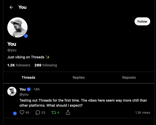 Threads 클론 프로필 — 팔로워·팔로잉, Threads/Replies/Reposts 탭