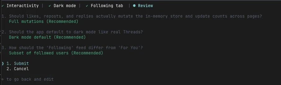 Command Code가 던진 Threads 클론 clarifying question 3개와 답변 리뷰