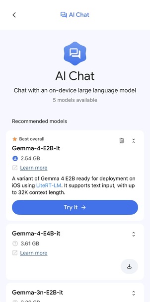 Gemma-4-E2B-it 카드를 펼쳐 모델 설명과 'Try it' 버튼이 보이는 모습