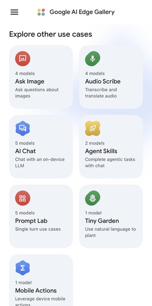Explore other use cases 화면 — Ask Image, Audio Scribe, AI Chat, Agent Skills, Prompt Lab, Tiny Garden, Mobile Actions 카드 나열