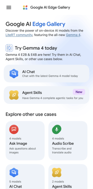 Google AI Edge Gallery 앱 메인 화면 — Gemma 4 소개, AI Chat·Agent Skills 카드, Ask Image·Audio Scribe 등 use case 목록