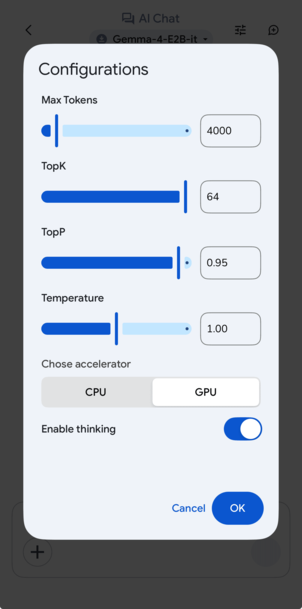 모델 설정(Configurations) 화면 — Max Tokens, TopK, TopP, Temperature 슬라이더와 CPU/GPU 선택, Enable thinking 토글