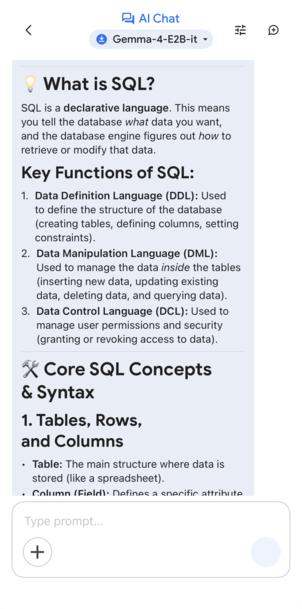 앞 thinking에 이어 나온 최종 응답 — What is SQL? 정의·DDL/DML/DCL·Tables/Rows/Columns 단계별 설명