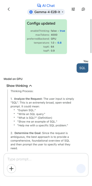 Thinking 모드를 켠 직후 AI Chat 화면 — 'Configs updated' 배너에 enableThinking: false→true, 'SQL' 질문에 Show thinking이 펼쳐진 모습
