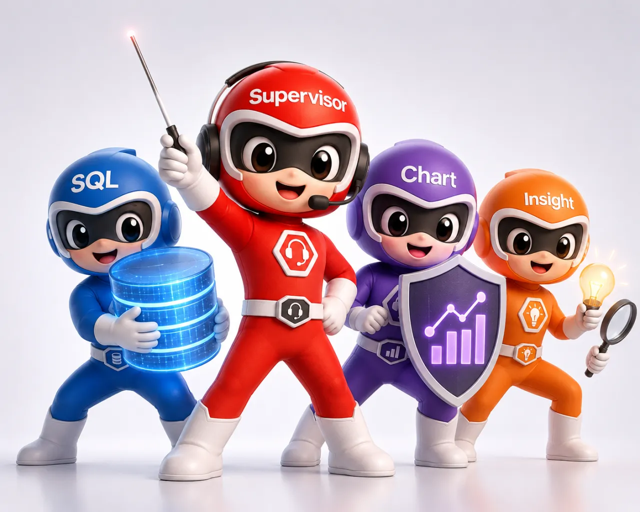 SQL·Chart·Insight·Supervisor 에이전트를 파워레인저처럼 의인화한 일러스트