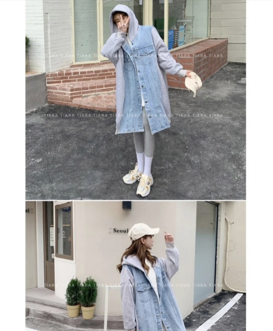 오버핏 후드 데님 롱 자켓