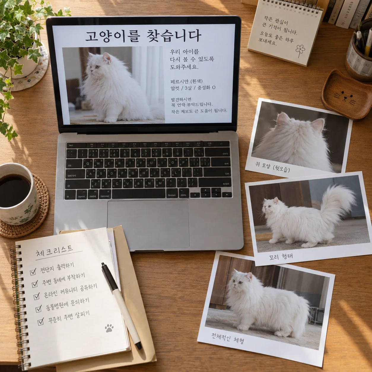 공식 공고 화면과 고양이의 귀와 꼬리 특징을 비교하는 장면