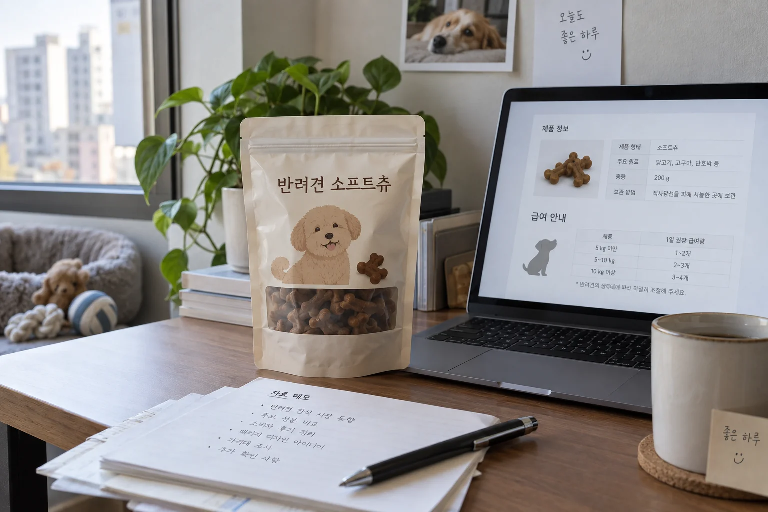 반려견용 소프트 츄 포장과 출처 확인 자료를 살피는 모습