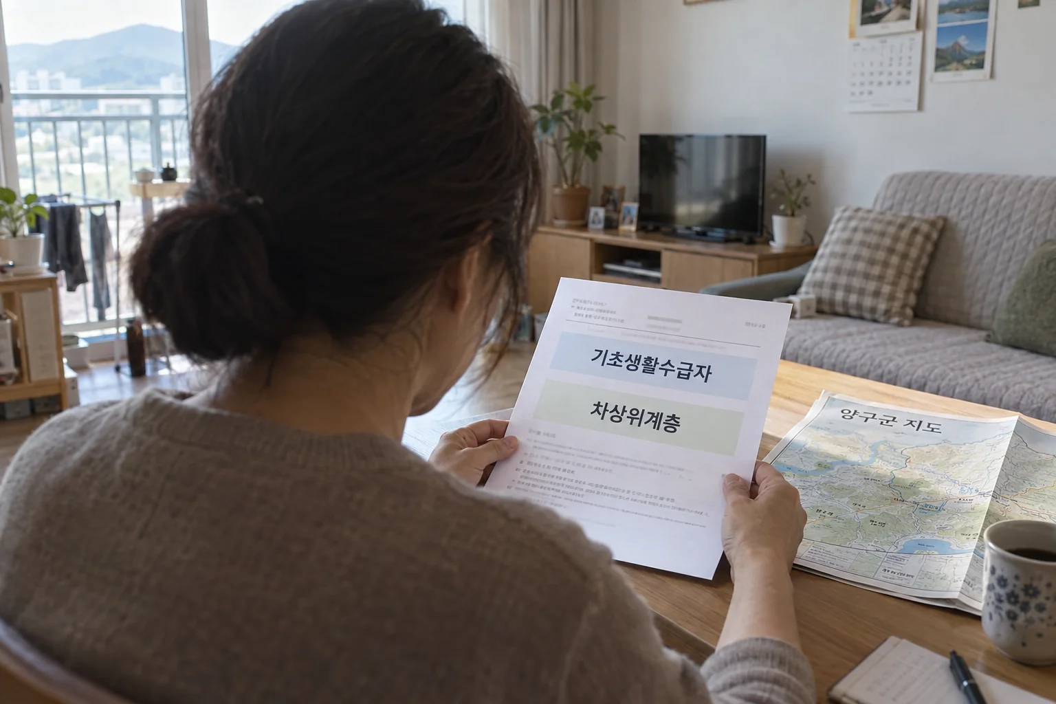 양구군 주민이 복지 자격 안내문을 확인하는 모습