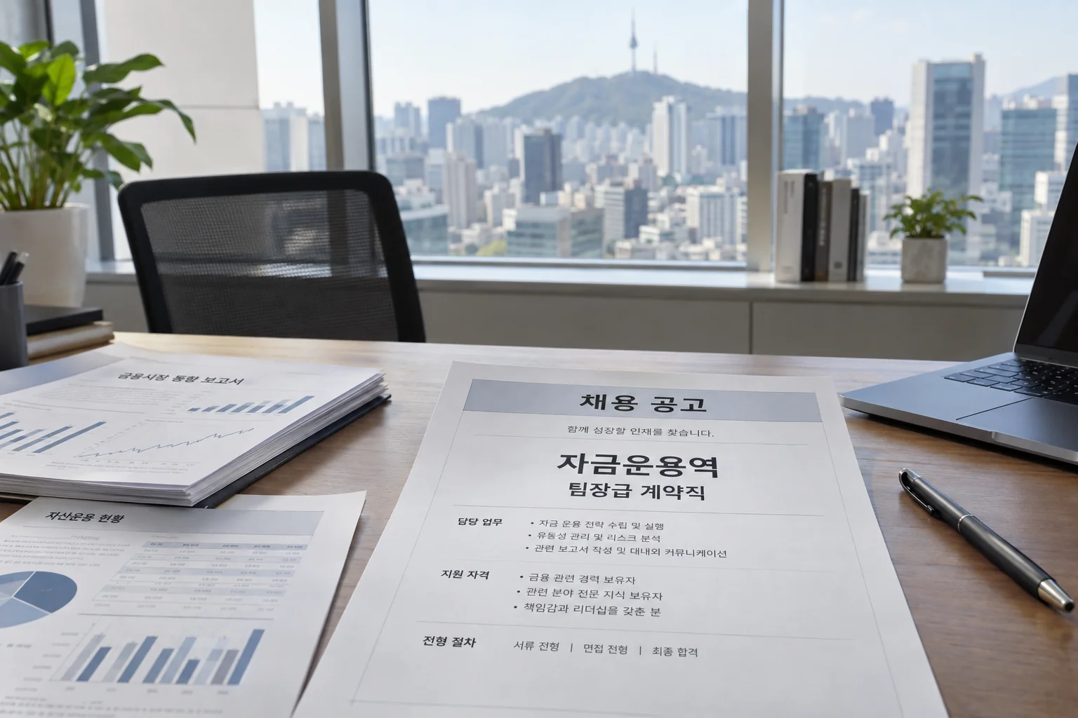 서울 사무실에서 자금운용 채용 서류를 검토하는 책상